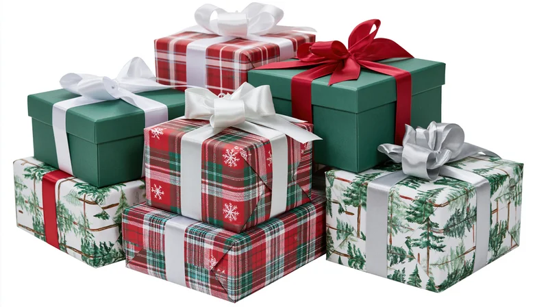 Stacked christmas gift boxes wrapped in festive paper with ribbons and bows on white background