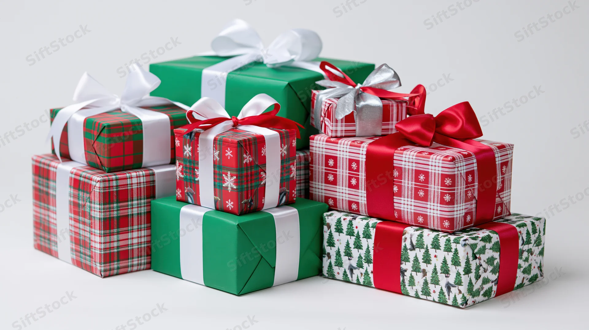 Stack of wrapped christmas gift boxes arranged in a cluster on white background
