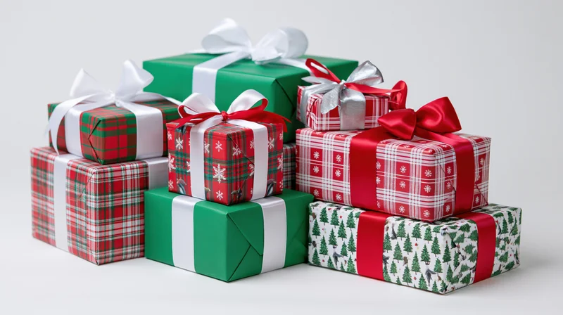 Stack of wrapped christmas gift boxes arranged in a cluster on white background