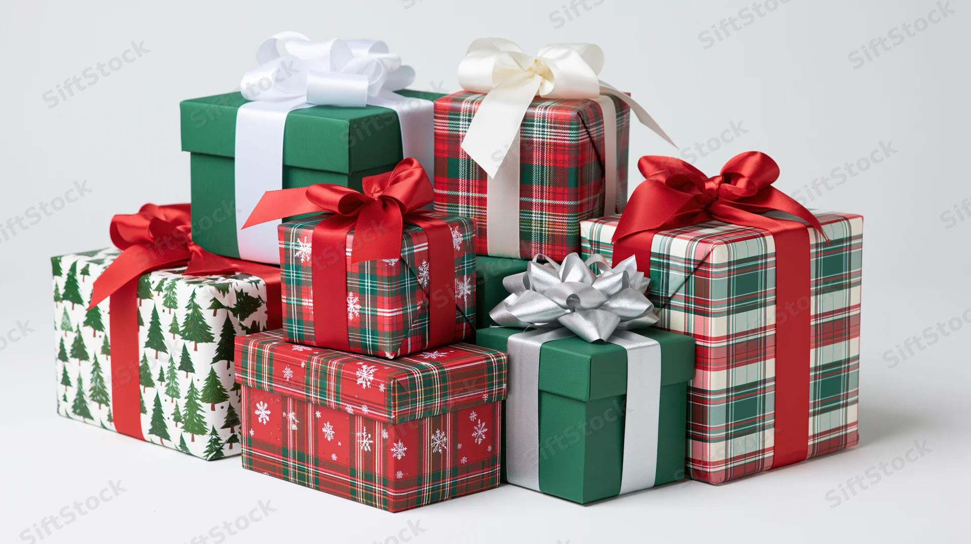 Stacked christmas gift boxes wrapped in festive paper with ribbons and bows on white background