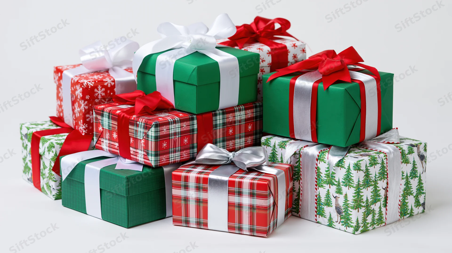 Stack of wrapped christmas gift boxes in festive red green and white patterns on white background