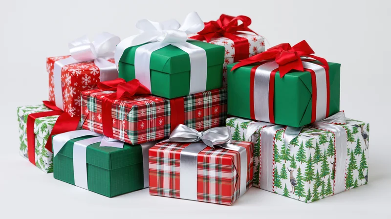 Stack of wrapped christmas gift boxes in festive red green and white patterns on white background