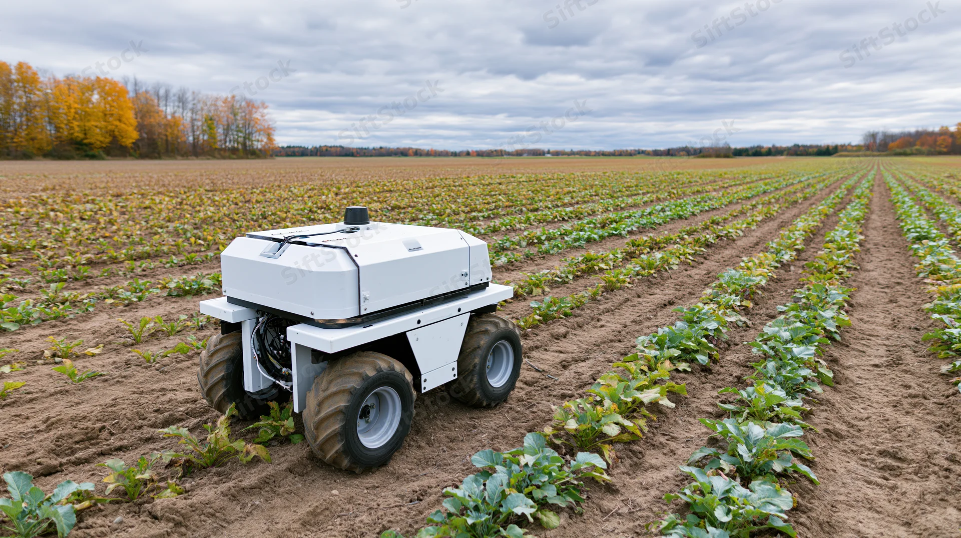 White autonomous robot moving through rows of cabbage plants in a farm field