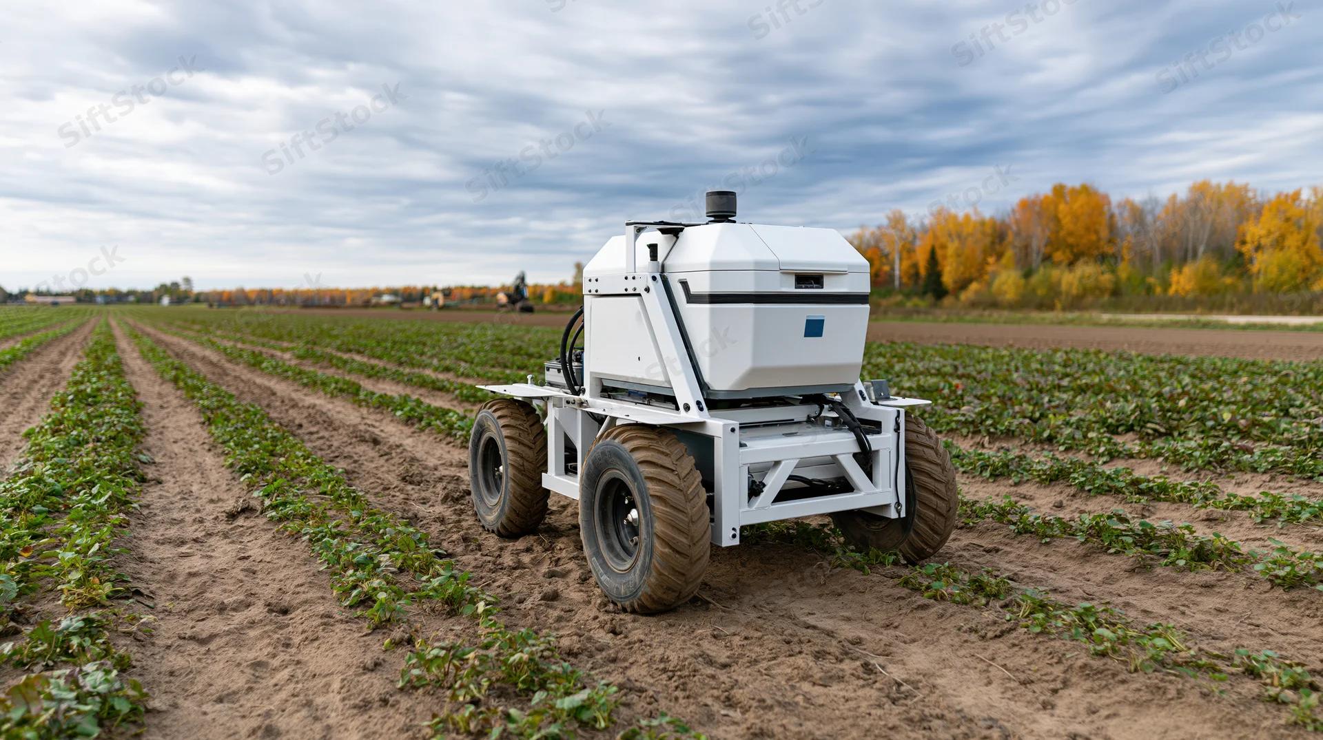 Autonomous agricultural robot moving through rows of crops in a field