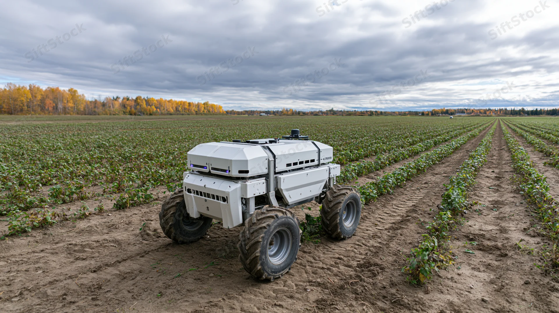 Autonomous agricultural robot navigating rows of crops in a field