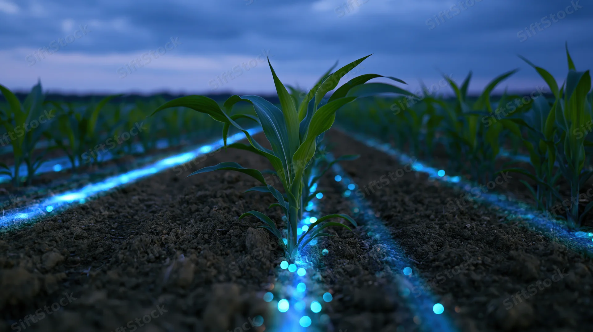 Young corn plants growing in rows in a field at dusk with glowing blue lights along the soil