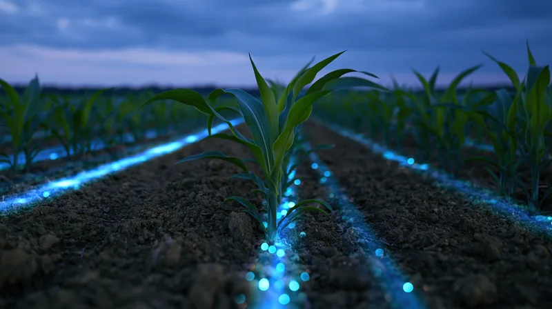 Young corn plants growing in rows in a field at dusk with glowing blue lights along the soil