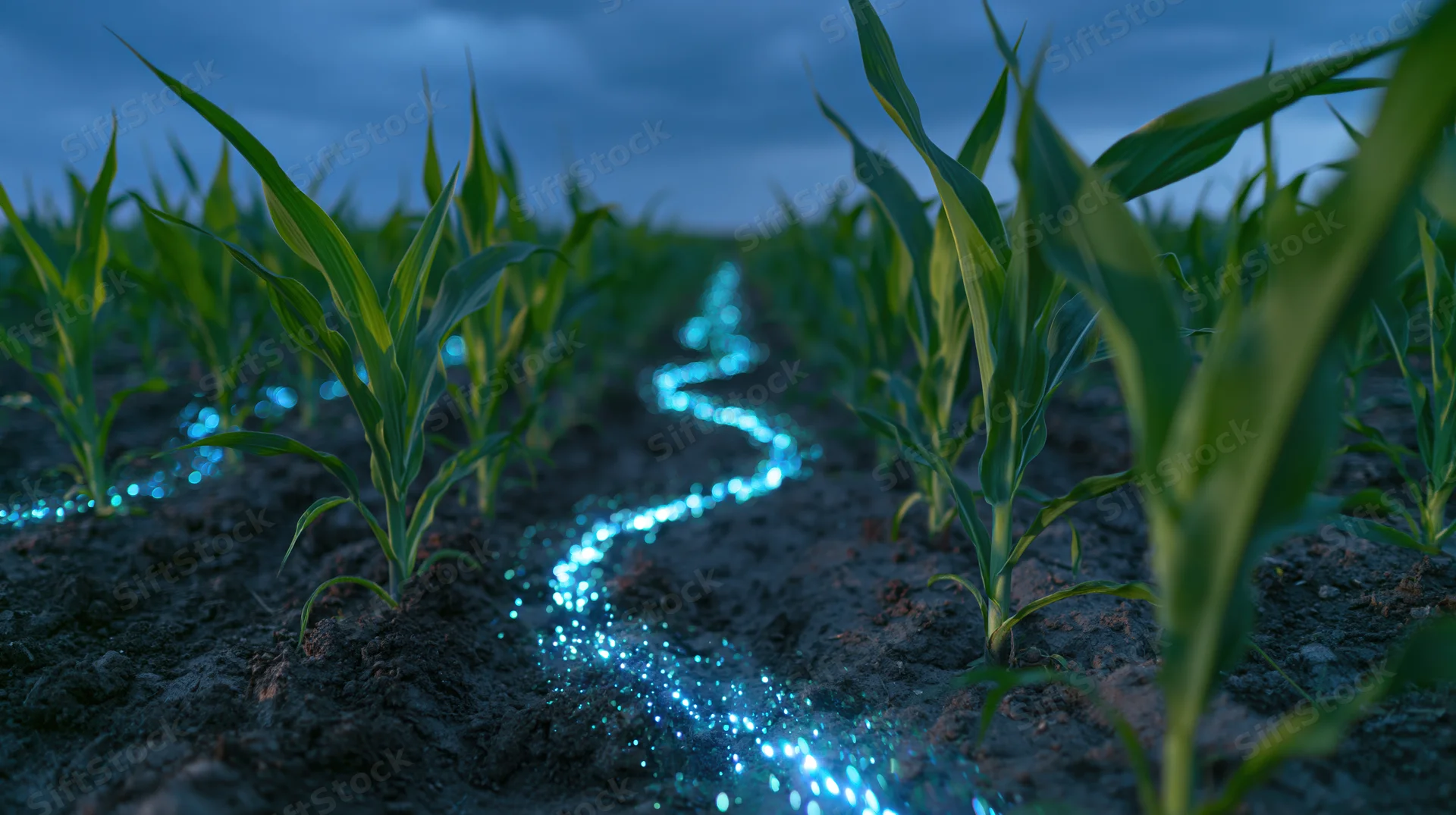 Young corn stalks growing in rows across a field at dusk with glowing blue light trails winding through the soil