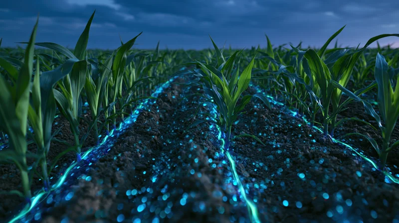 Young corn plants growing in rows across a field at dusk with glowing blue lines in the soil