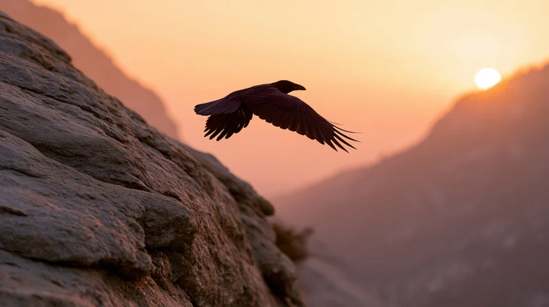 Crow spreading wings in flight above rocky mountain at sunset