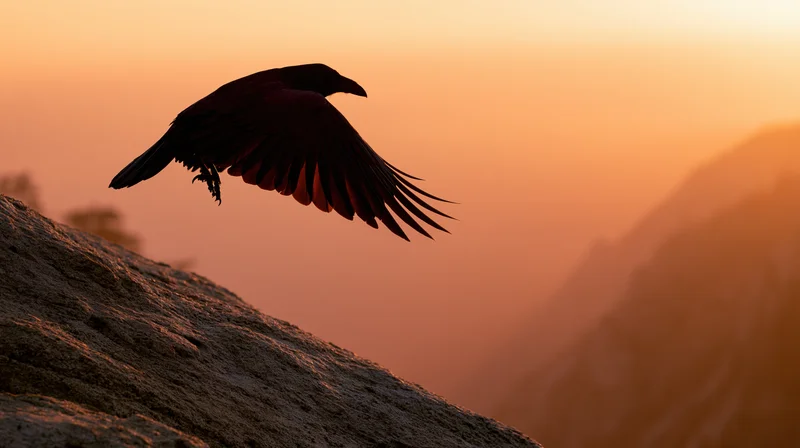 Crow spreading wings in flight above rocky cliff at sunset