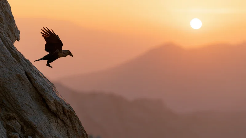Crow spreading wings to take flight from rocky cliff edge at sunset