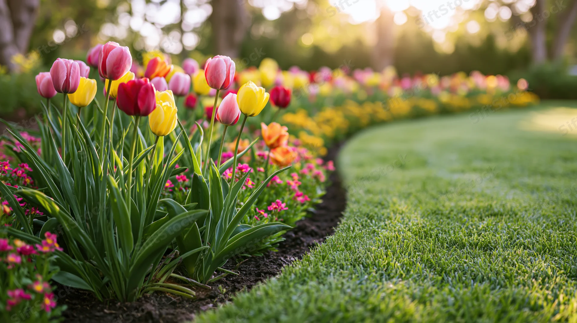 Curved garden border with colorful tulips and green lawn in spring sunlight