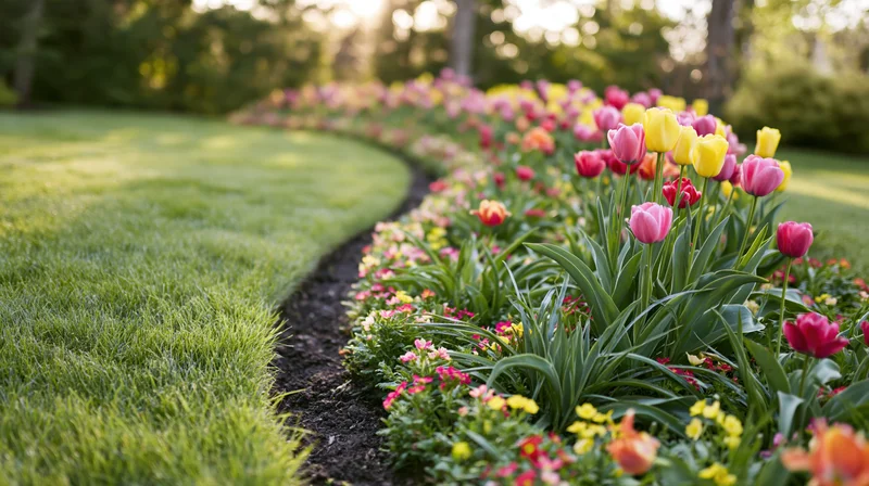 Curved flower border with tulips and small flowers along a lawn edge in a garden