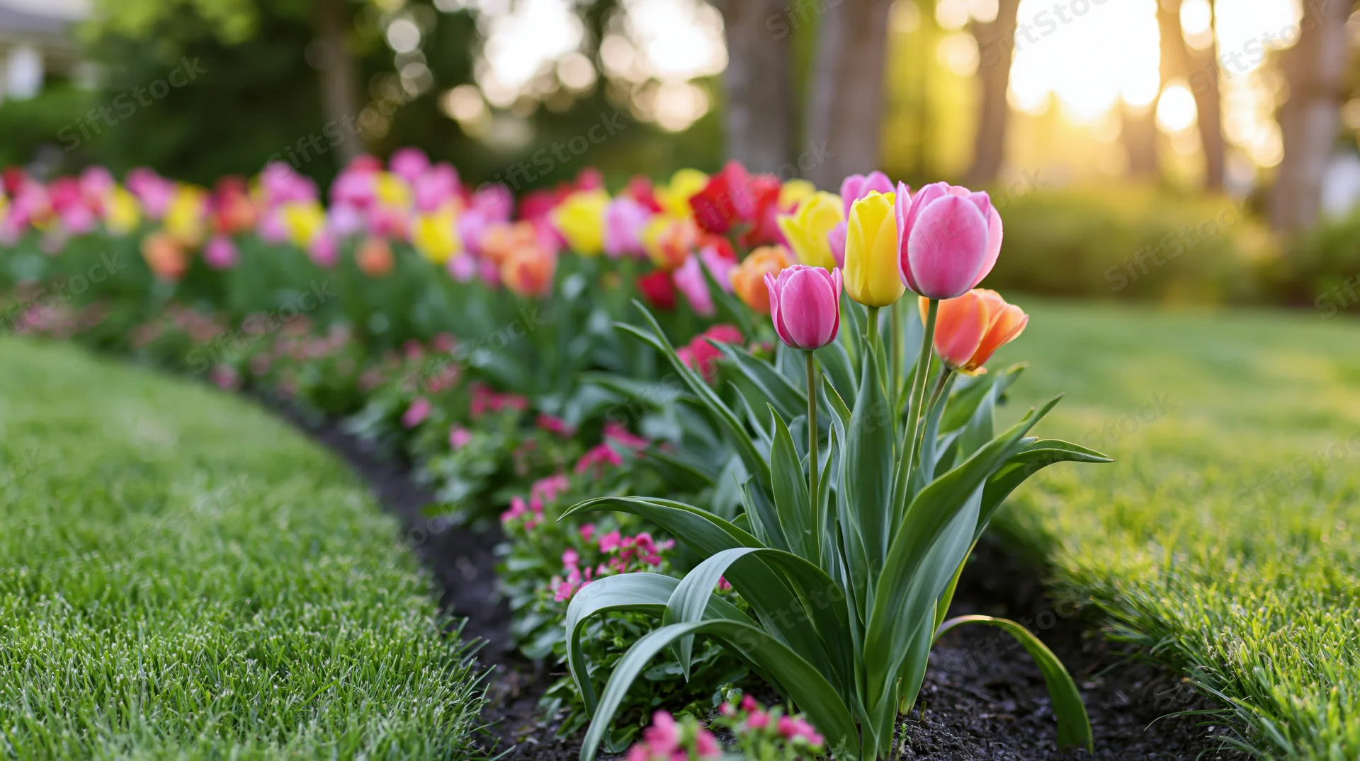 Curved garden border with colorful tulips blooming between green lawns at golden hour