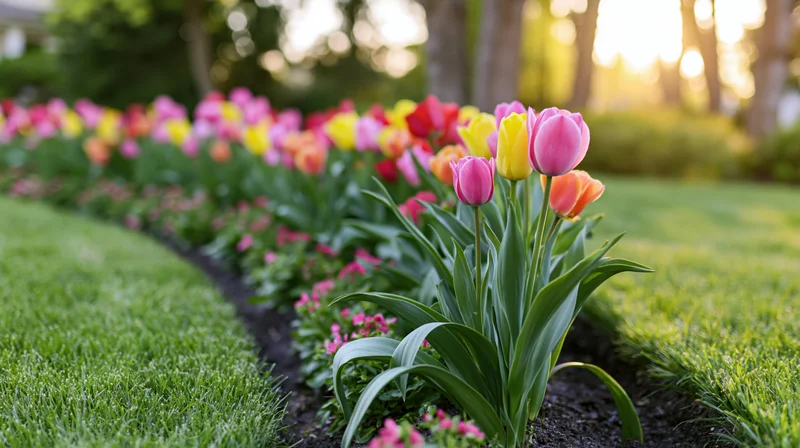 Curved garden border with colorful tulips blooming between green lawns at golden hour