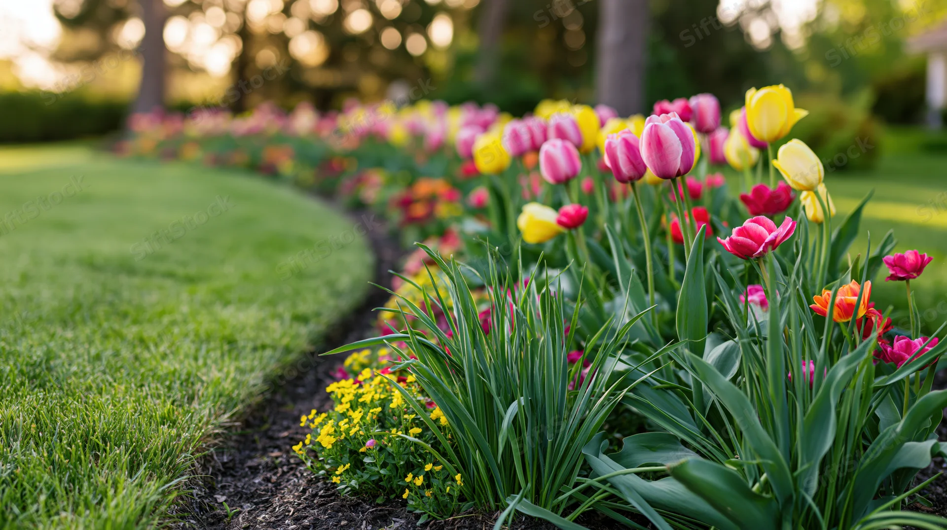 Curved garden border with blooming tulips and small flowers alongside green lawn
