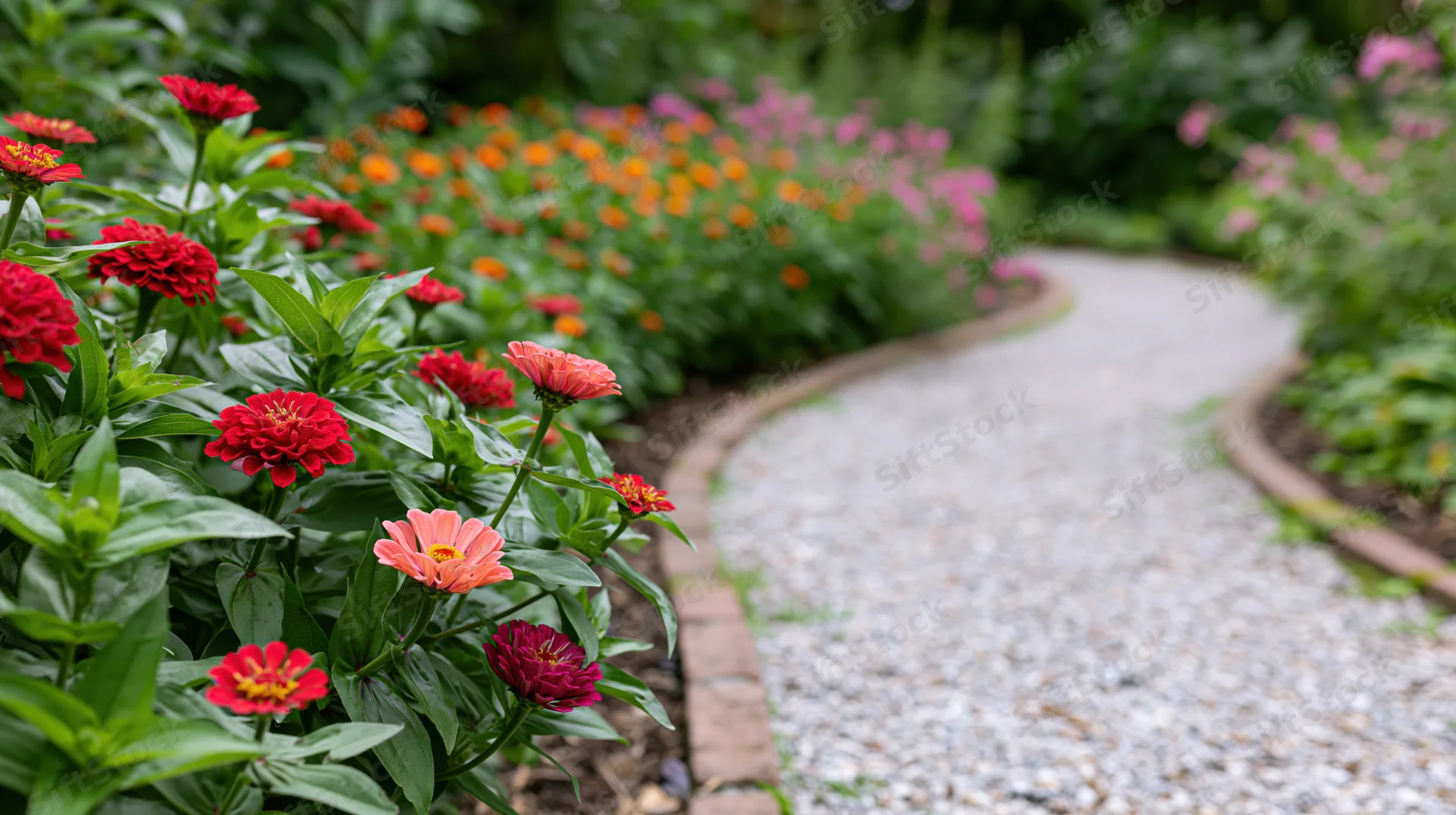 Curved gravel path edged with brick borders flanked by blooming zinnia flowers in a garden