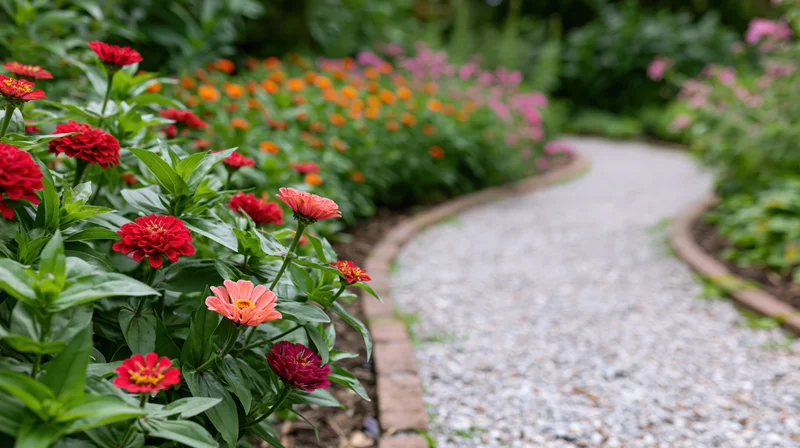 Curved gravel path edged with brick borders flanked by blooming zinnia flowers in a garden