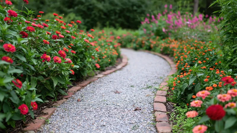Curved gravel path bordered by bricks and colorful zinnia flowers in a garden