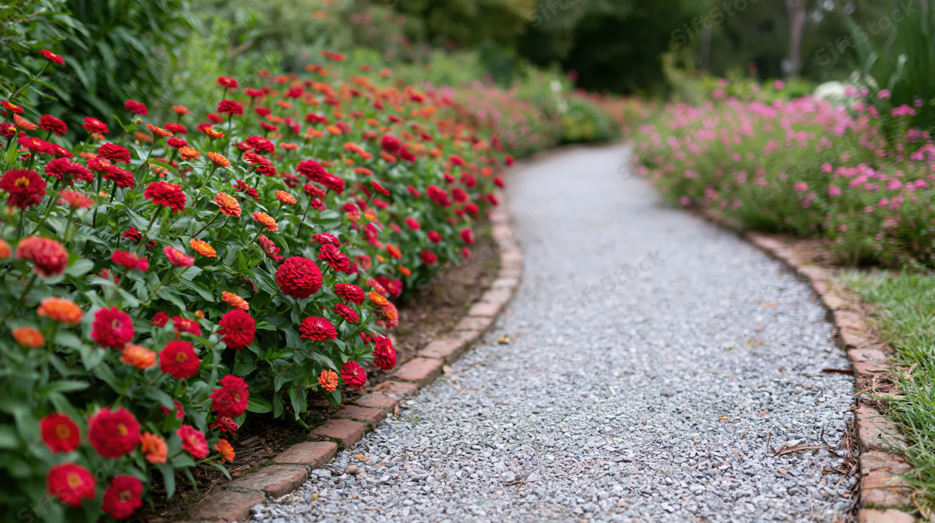Curved gravel path lined with red and orange zinnias and pink flowers, bordered by bricks in a garden setting