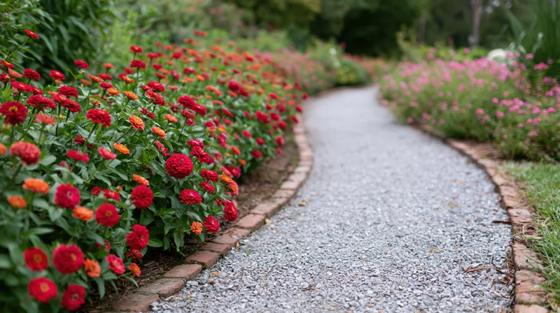 Curved gravel path lined with red and orange zinnias and pink flowers, bordered by bricks in a garden setting