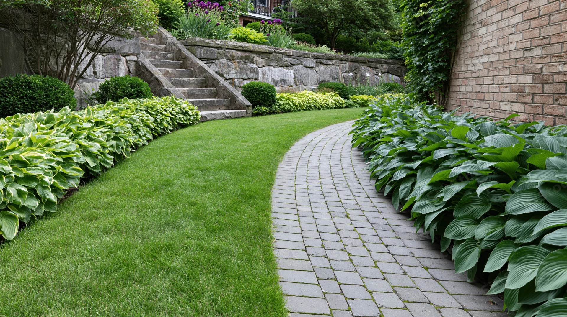 Curved brick pathway winding through a manicured garden with hosta plants and lawn
