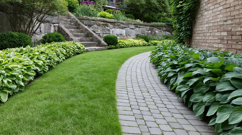Curved brick pathway winding through a manicured garden with hosta plants and lawn