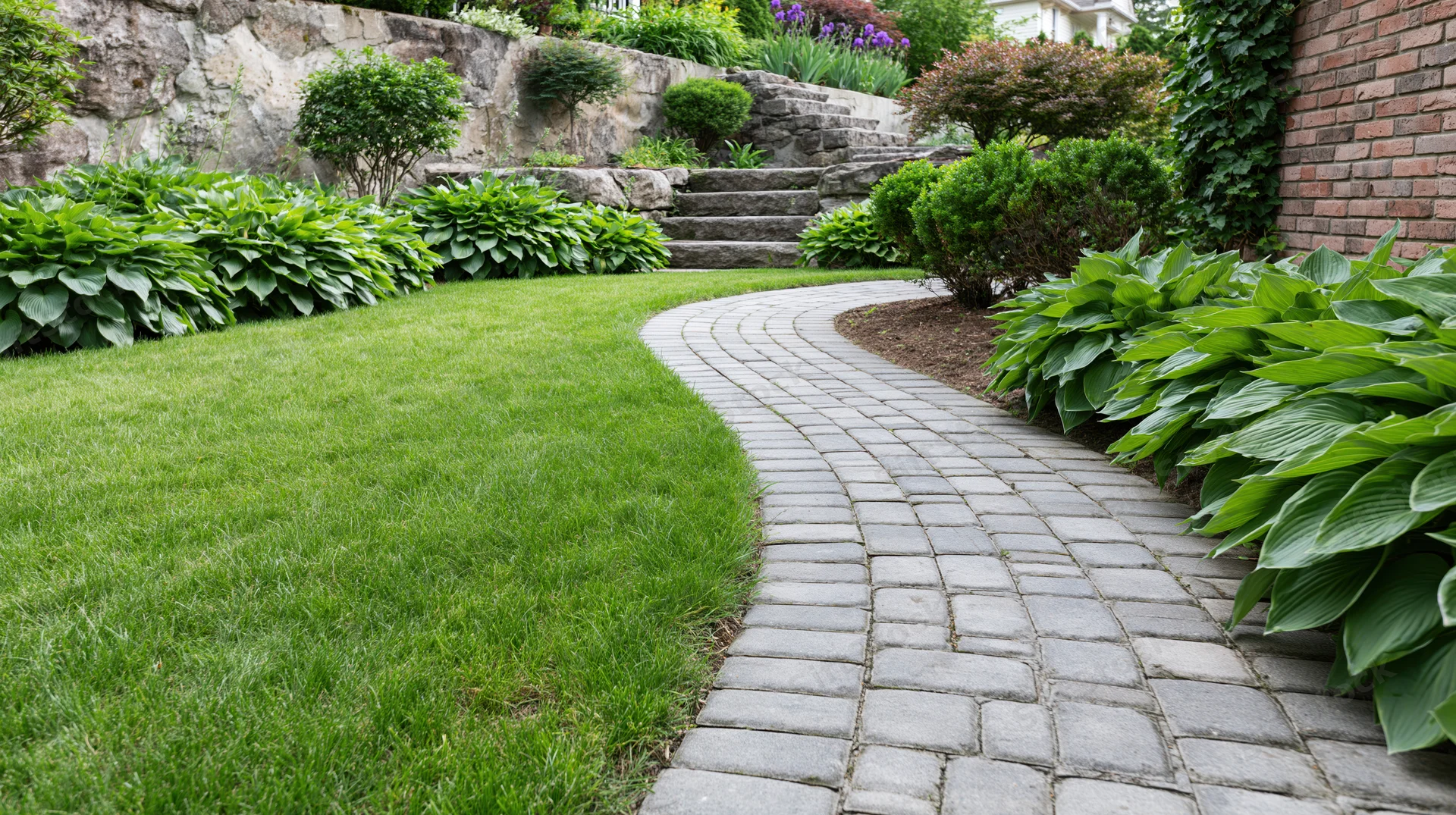 Curved brick pathway winding through a manicured garden with hosta plants and stone steps alongside a lawn and retaining wall