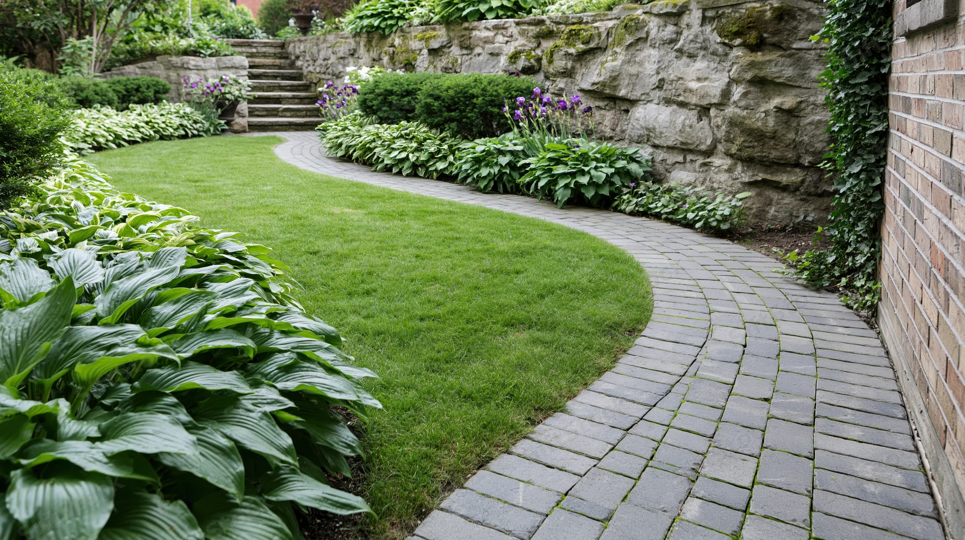 Curved brick pathway winding alongside manicured lawn and hosta plants in garden