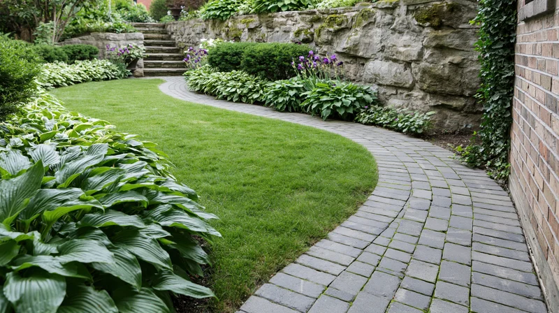 Curved brick pathway winding alongside manicured lawn and hosta plants in garden