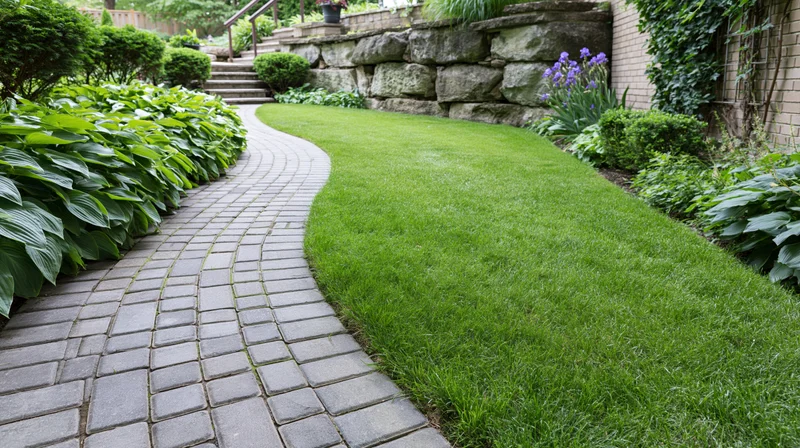 Curved brick pathway winding alongside manicured lawn in a residential garden