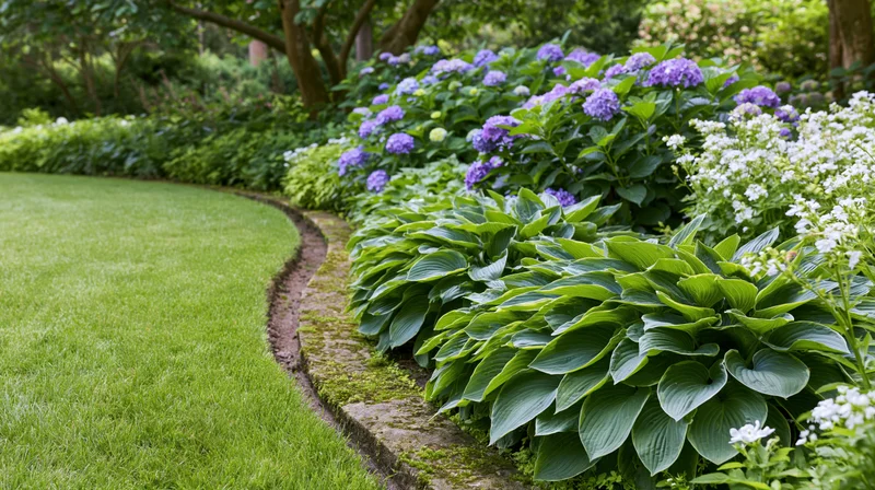 Curved stone-edged garden path separating manicured lawn from flowerbed with hydrangeas and hostas