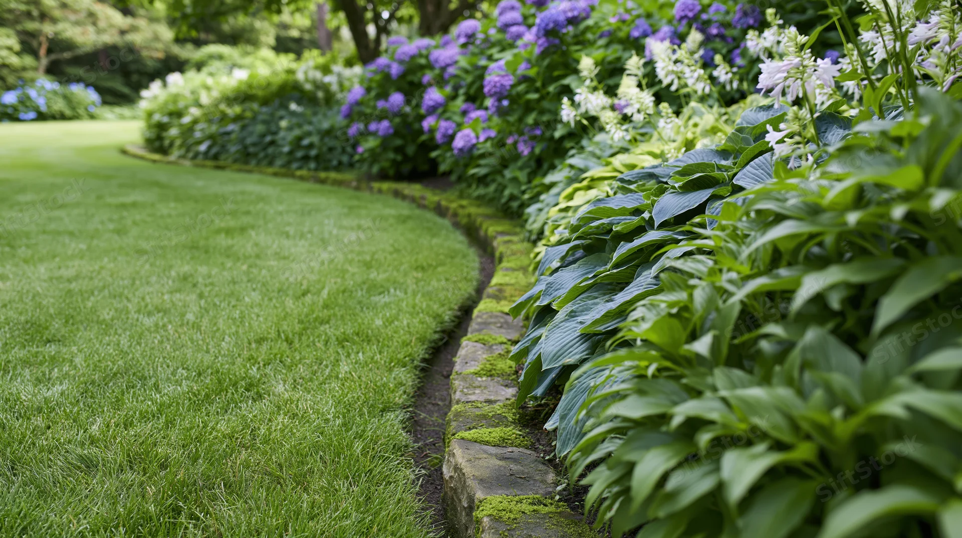 Curved stone-edged garden path separating manicured green lawn from flowerbed with hydrangeas and hostas