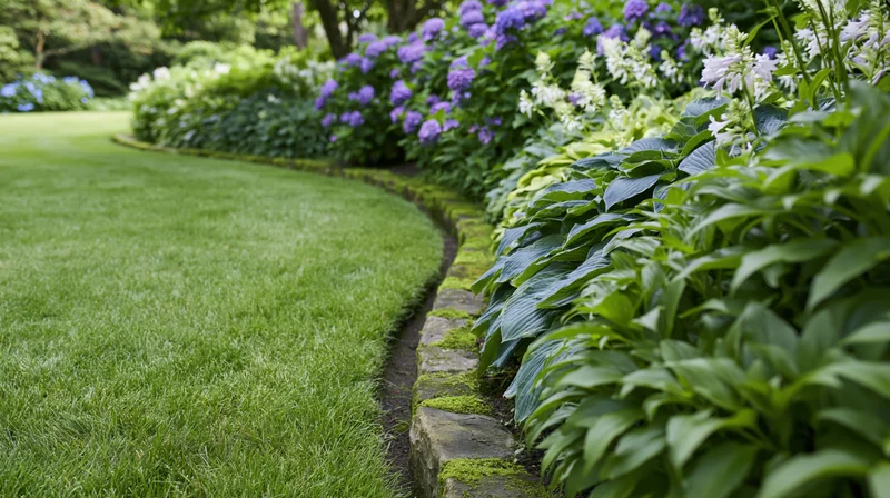 Curved stone-edged garden path separating manicured green lawn from flowerbed with hydrangeas and hostas