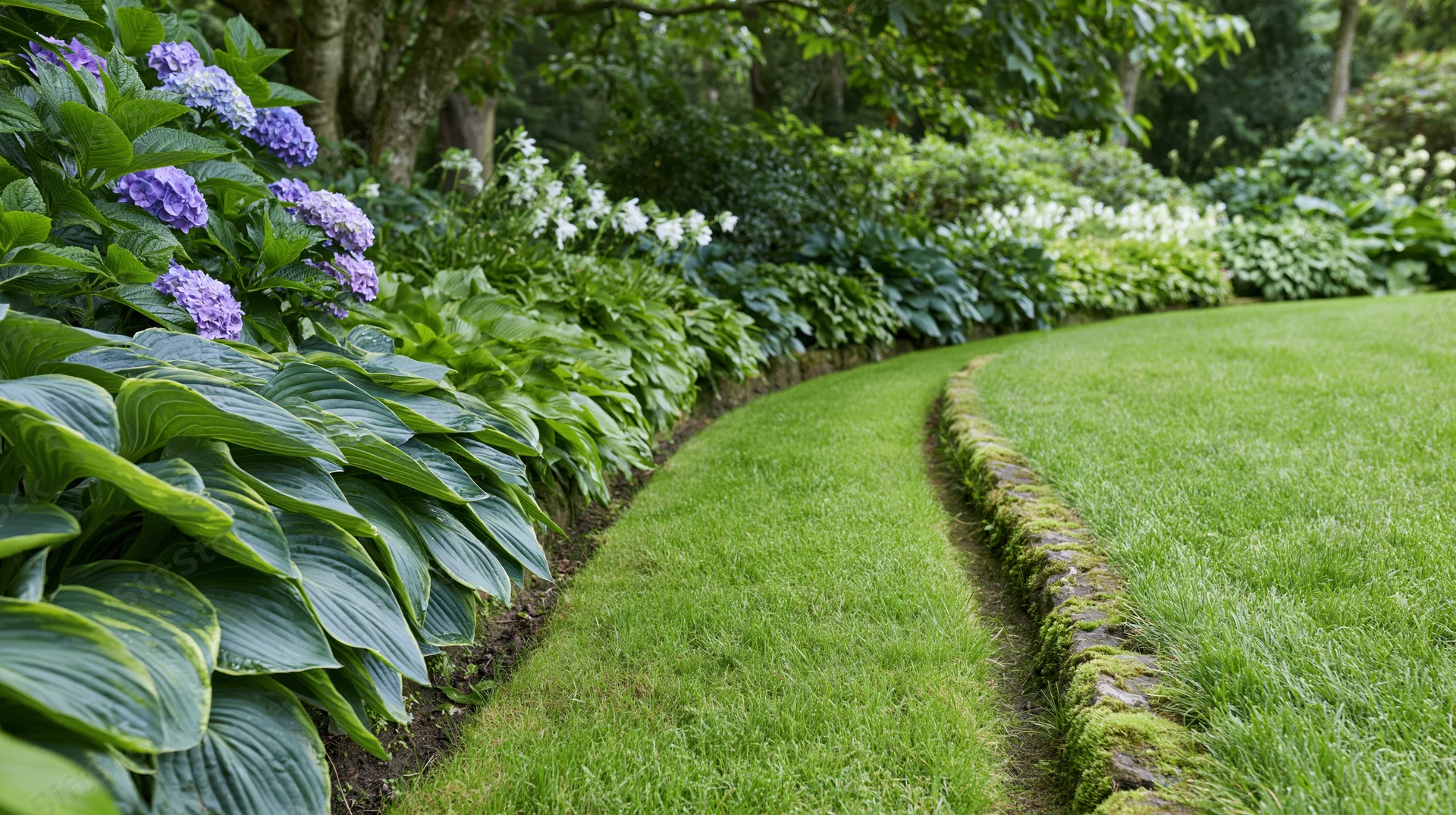 Curved stone-edged garden path bordered by green lawn and flowering hydrangeas and hostas