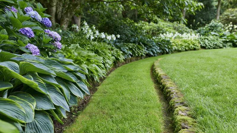 Curved stone-edged garden path bordered by green lawn and flowering hydrangeas and hostas