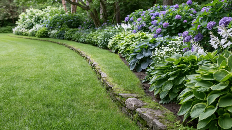 Curved stone-edged garden path separating manicured green lawn from flowerbed with hydrangeas and hostas