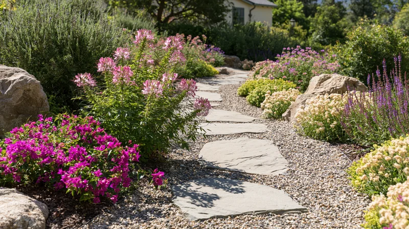 Curved stone slab and pea gravel path winding through colorful flowering plants and shrubs in a garden