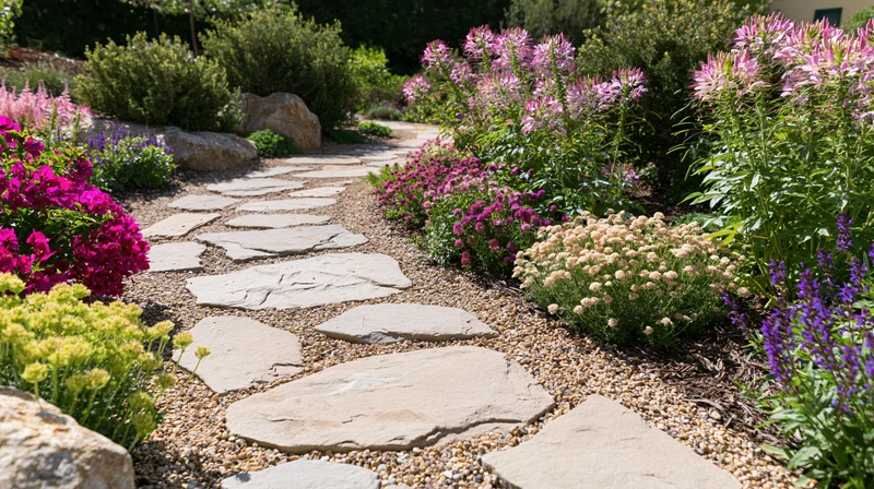 Curved stone slab and pea gravel garden path winding through colorful flower beds and green shrubs