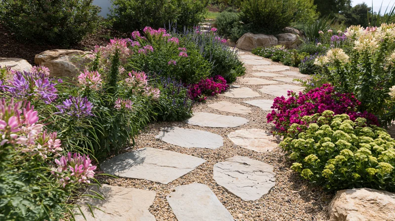 Curved stone slab and pea gravel garden path winding through colorful flowerbeds and greenery