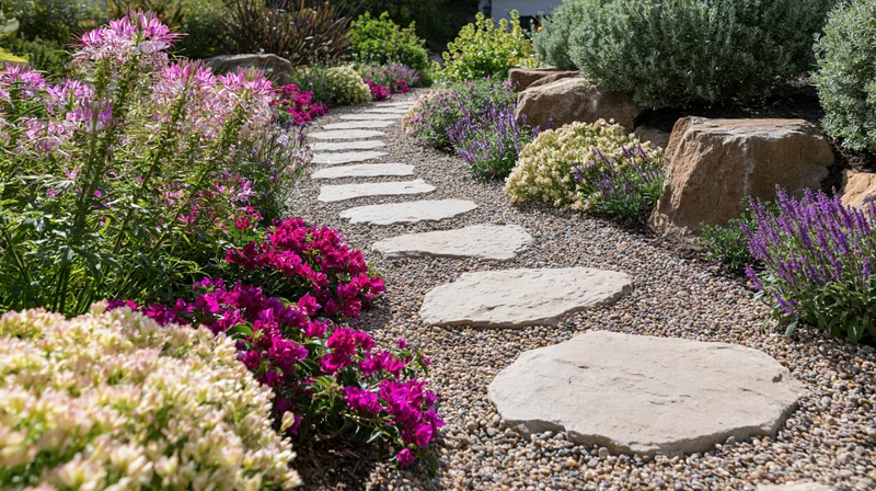 Curved stone slab path winding through flower beds and gravel in a garden