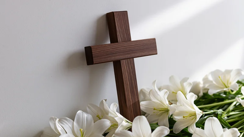 Dark walnut wooden christian cross leaning against white wall beside white lilies bouquet