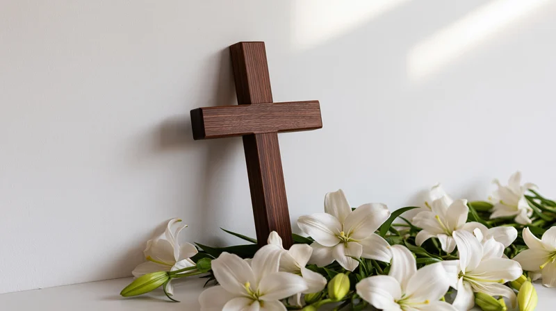 Wooden christian cross leaning against white wall surrounded by white lilies