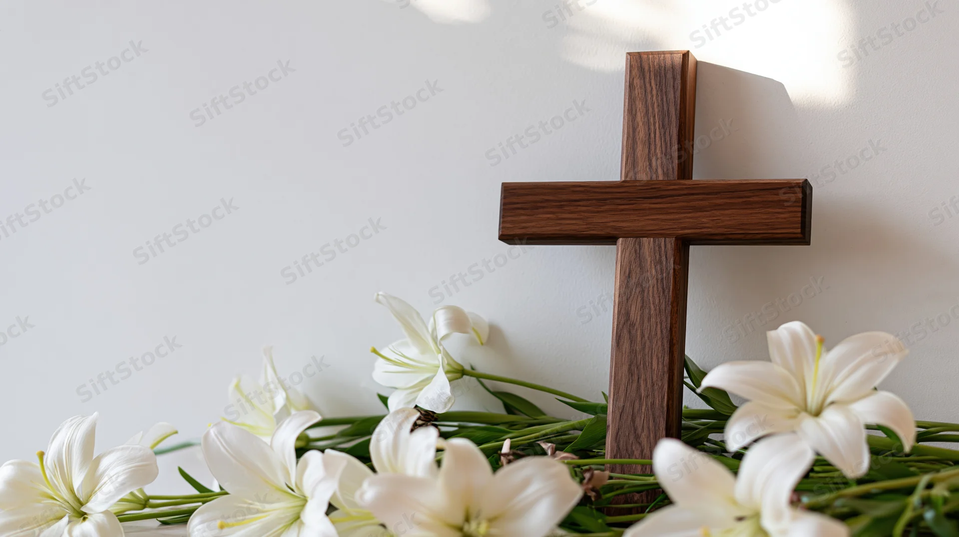 Wooden christian cross leaning against a white wall surrounded by white lilies