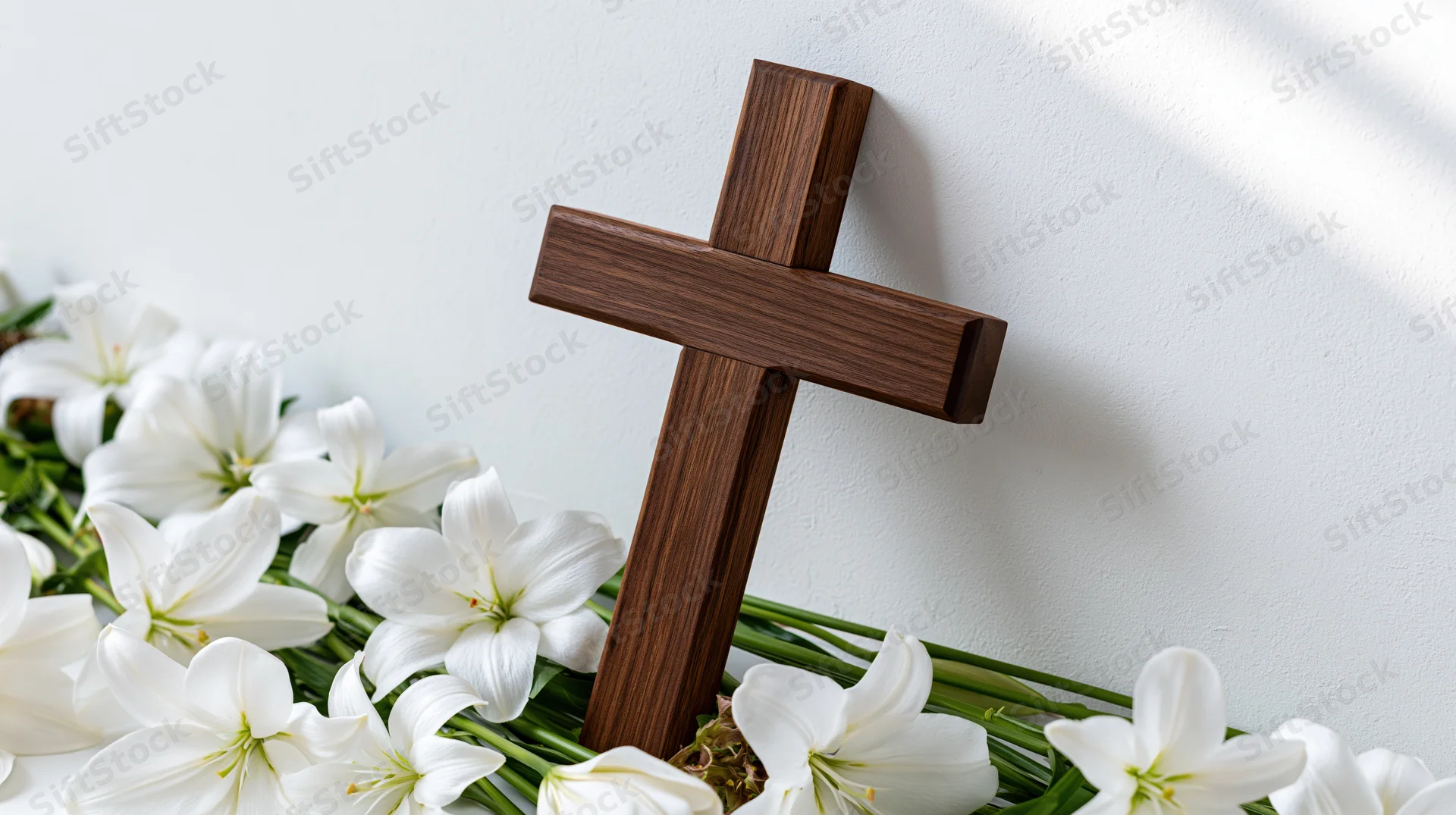 Wooden christian cross leaning against white wall surrounded by white lilies