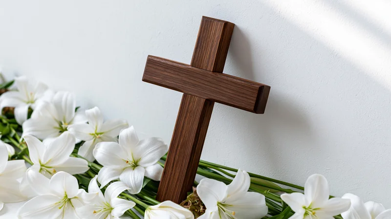 Wooden christian cross leaning against white wall surrounded by white lilies
