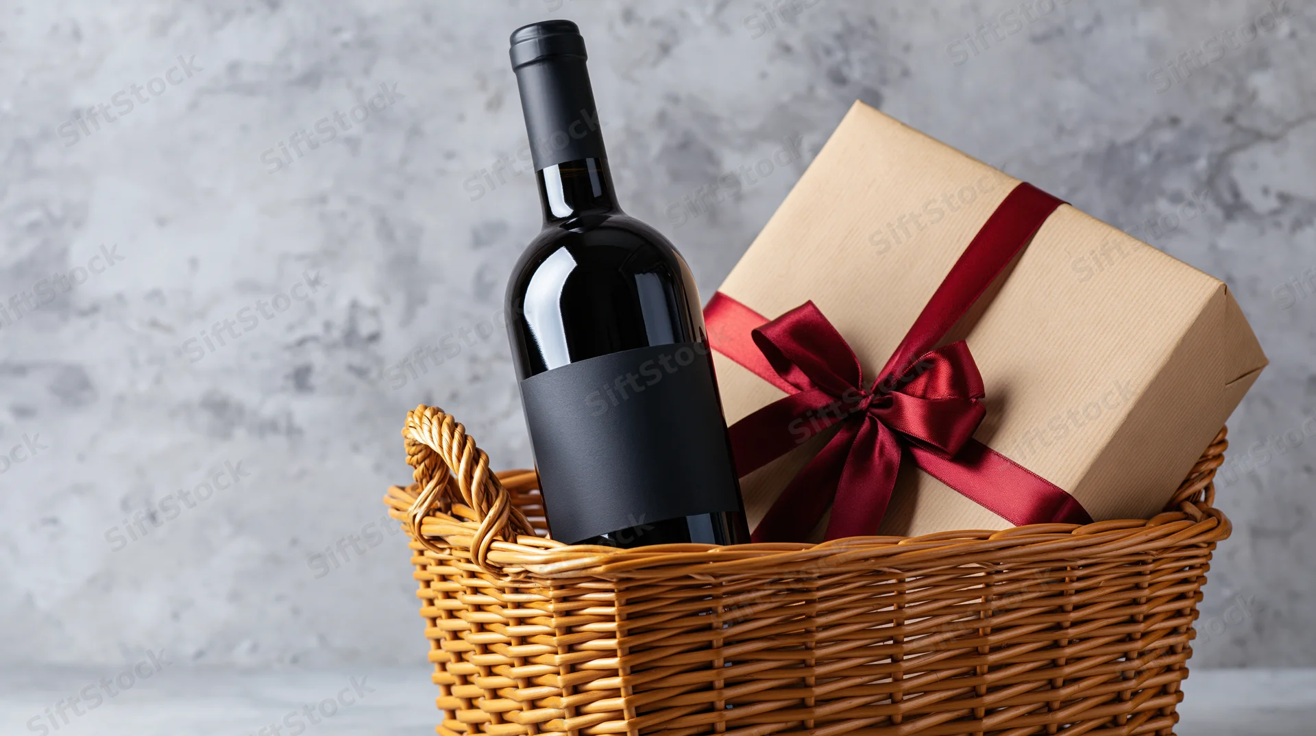 Dark wine bottle with blank label and gift box in wicker basket