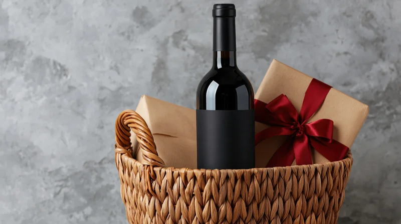 Dark wine bottle with blank label and wrapped gifts in a wicker basket against gray textured background