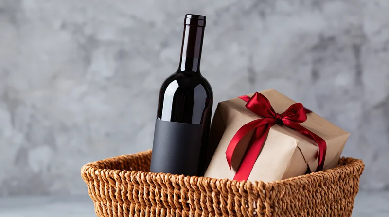Dark wine bottle with blank label and wrapped gift in wicker basket